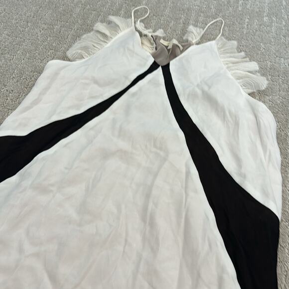 Maje white silk blend mini dress black mesh  accent flutter sleeve sleeveless - Picture 3 of 9